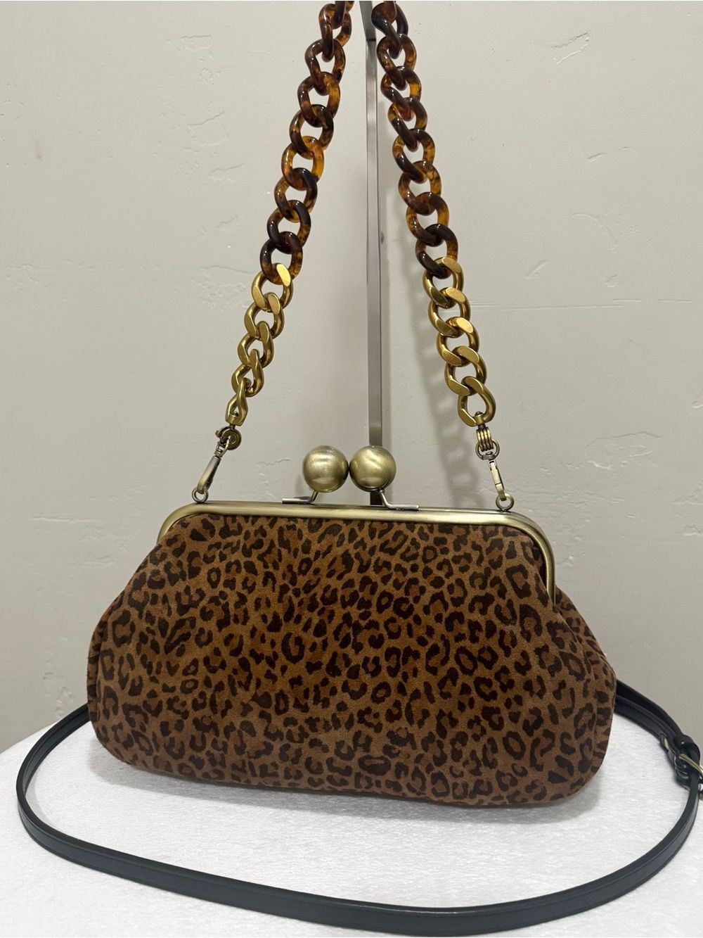 Leopard Print Premium Nubuck Cowhide Handmade Retro Style Kisslock Frame Bag